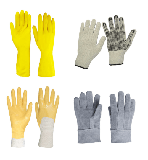 Latex, latex nitrílico, malha com e sem pigmento, malha com banho de latex, Pvc, raspa, vaqueta
mista e total.